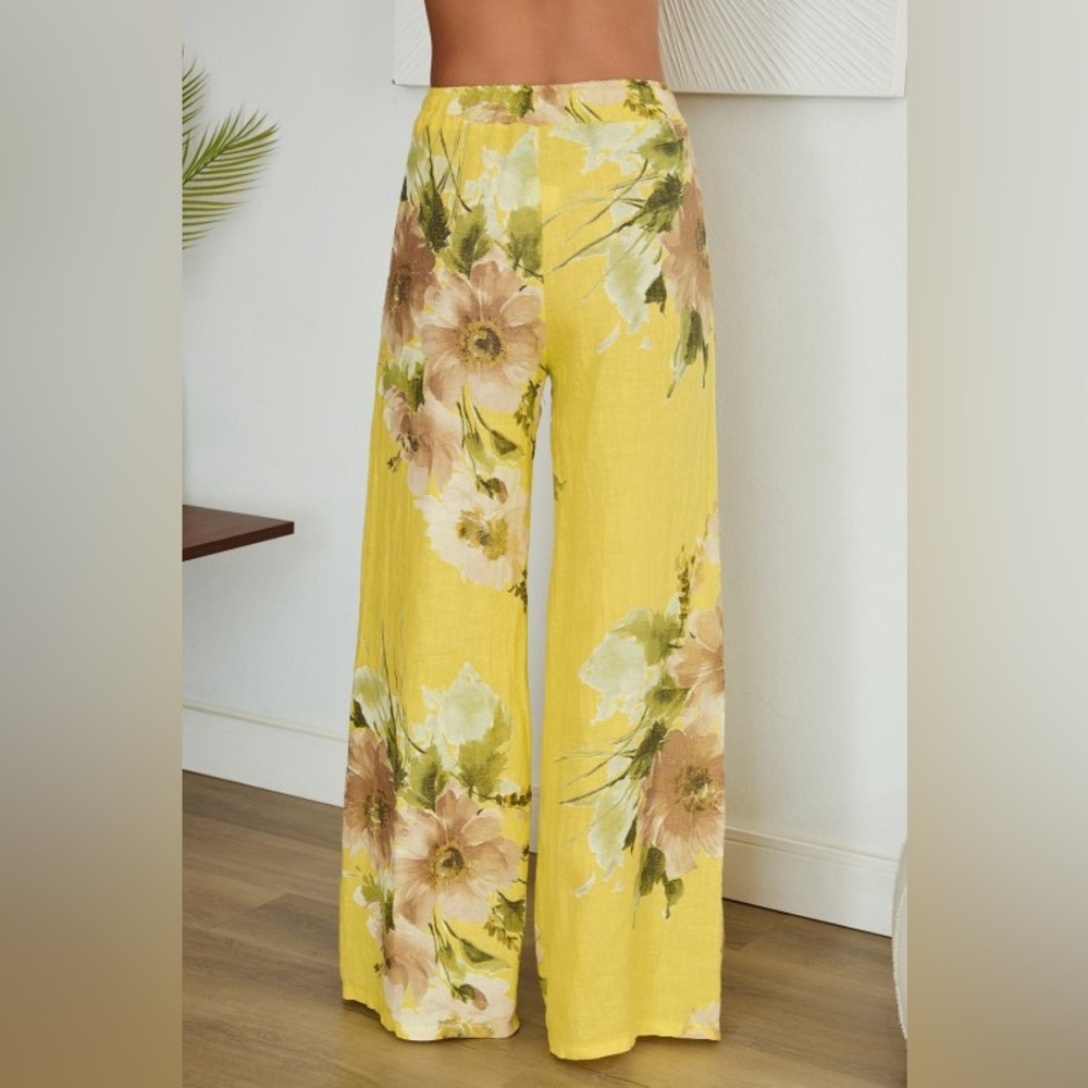 (12-03-MAGNOLIA-YEL) MAGNOLIA FLOWERS PRINT LINEN WIDE LEG PANTS - Picture 3 of 4
